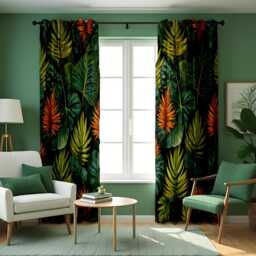 Tropical Jungle Leaf Curtains, Deep Green & Orange Botanical Foliage Drapes, Lush Exotic Rainforest Pattern Window Panels - thumbnail 2