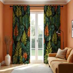 Tropical Jungle Leaf Curtains, Deep Green & Orange Botanical Foliage Drapes, Lush Exotic Rainforest Pattern Window Panels - thumbnail 1