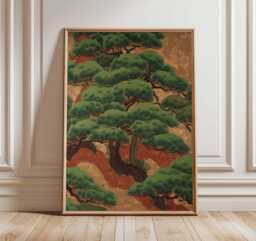 Ancient Pine Tree Wall Art, Japanese Nature Poster Print, Zen Botanical Decor, Oriental Painting, Calm Forest Artwork - thumbnail 1