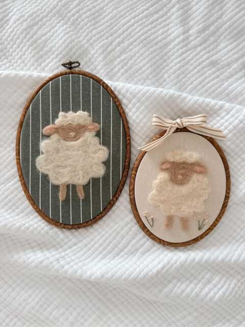 Neutral Lamb Needle Felt Wall Art - Embroidered Flowers Handmade Nursery Decor in Hoop - image 1