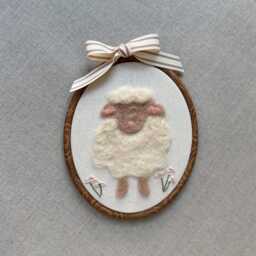 Neutral Lamb Needle Felt Wall Art - Embroidered Flowers Handmade Nursery Decor in Hoop - thumbnail 2