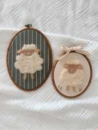 Neutral Lamb Needle Felt Wall Art - Embroidered Flowers Handmade Nursery Decor in Hoop - thumbnail 1