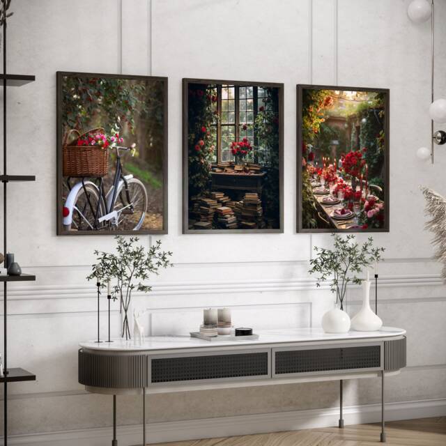 Botanical Wall Prints, Bedroom Bike Flower Poster , Red Roses Home Decor, Hand Drawn Plants, Set Of 3 Prints A2 A1 - image 1
