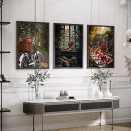 Botanical Wall Prints, Bedroom Bike Flower Poster , Red Roses Home Decor, Hand Drawn Plants, Set Of 3 Prints A2 A1 - thumbnail 1