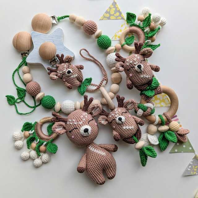 Deer Baby Gift Set Crochet Rattle, Pacifier Clip, Stroller Toy & Stuffed Animal - image 1