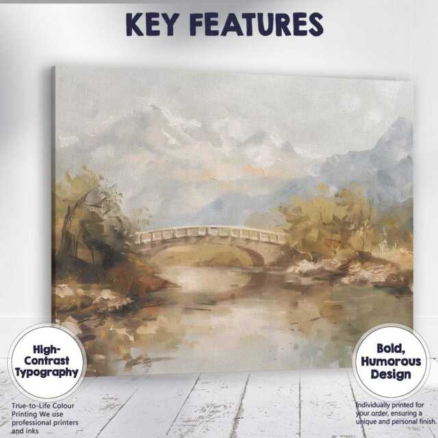 Serene Mountain Bridge Reflection Soft Neutral Landscape Painting Canvas Wall Art Print Decor Picture Ready To Hang - image 1