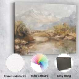 Serene Mountain Bridge Reflection Soft Neutral Landscape Painting Canvas Wall Art Print Decor Picture Ready To Hang - thumbnail 2