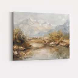 Serene Mountain Bridge Reflection Soft Neutral Landscape Painting Canvas Wall Art Print Decor Picture Ready To Hang - thumbnail 4