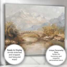 Serene Mountain Bridge Reflection Soft Neutral Landscape Painting Canvas Wall Art Print Decor Picture Ready To Hang - thumbnail 3