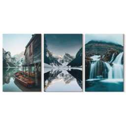 Set Of 3 Canvas Prints - Mountain Landscapes With A Waterfall & Lake, Blue Wall Art Large, Hanging Piece - thumbnail 1