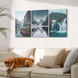 Set Of 3 Canvas Prints - Mountain Landscapes With A Waterfall & Lake, Blue Wall Art Large, Hanging Piece - thumbnail 3
