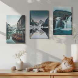 Set Of 3 Canvas Prints - Mountain Landscapes With A Waterfall & Lake, Blue Wall Art Large, Hanging Piece - thumbnail 2