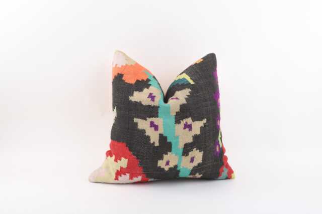 Vintage Kilim Pillow Cover Turkish Rug Cushion, Handwoven Wool 16x16 - image 1