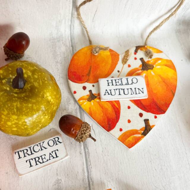 Autumn Pumpkin Hanging Wooden Heart - Decoration Handmade Halloween Decoupaged - image 1