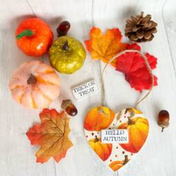Autumn Pumpkin Hanging Wooden Heart - Decoration Handmade Halloween Decoupaged - thumbnail 3