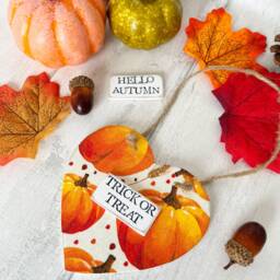 Autumn Pumpkin Hanging Wooden Heart - Decoration Handmade Halloween Decoupaged - thumbnail 2