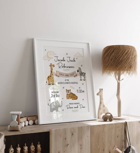 Nursery Decor, New Baby Gift, Birth Stats, Baby Keepsake, Personalised, Baby Boy, Baby Girl Newborn, Nursery Prints, Safari Nursery, Jungle, Animals - image 1