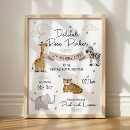 Nursery Decor, New Baby Gift, Birth Stats, Baby Keepsake, Personalised, Baby Boy, Baby Girl Newborn, Nursery Prints, Safari Nursery, Jungle, Animals - thumbnail 2
