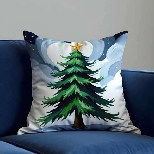 starry Christmas Tree Cushion Cover, Snowy Night Holiday Throw Pillowcase With Evergreen & Moonlight, Cozy Winter Decor For Sofa Or Bed - image 1