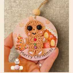 Handmade Crochet Gingerbread Man Christmas Ornament - Decoupage Wooden Decoration - thumbnail 1