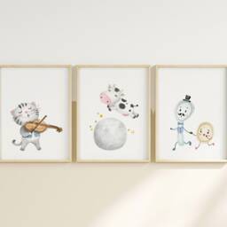 Set Of 3 Nursery Rhyme Prints - Hey Diddle Posters Cow Jumped Over The Moon Baby Room Wall Art Boho Neutral Boy Decor - thumbnail 2