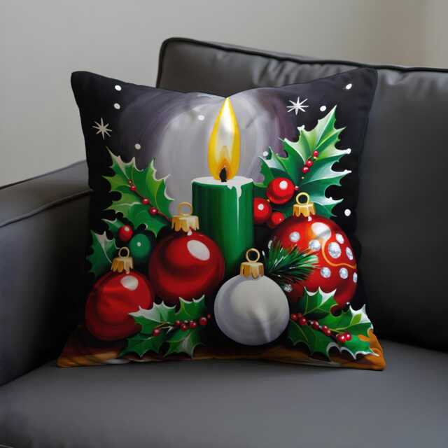 Christmas Candle Cushion Cover, Festive Throw Pillowcase With Holly, Baubles & Green Candle, Cozy Holiday Decor For Fireplace Seating - image 1