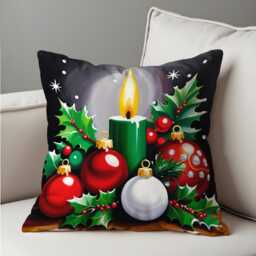 Christmas Candle Cushion Cover, Festive Throw Pillowcase With Holly, Baubles & Green Candle, Cozy Holiday Decor For Fireplace Seating - thumbnail 4