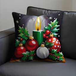 Christmas Candle Cushion Cover, Festive Throw Pillowcase With Holly, Baubles & Green Candle, Cozy Holiday Decor For Fireplace Seating