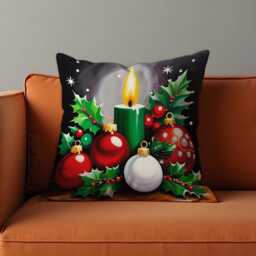 Christmas Candle Cushion Cover, Festive Throw Pillowcase With Holly, Baubles & Green Candle, Cozy Holiday Decor For Fireplace Seating - thumbnail 2