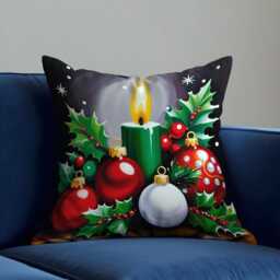 Christmas Candle Cushion Cover, Festive Throw Pillowcase With Holly, Baubles & Green Candle, Cozy Holiday Decor For Fireplace Seating - thumbnail 3