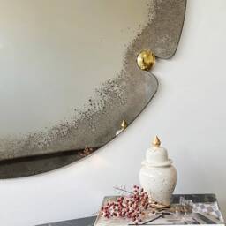 Handmade Round Antiqued Mirror Brass Convex Detail, Large Wall Decor - thumbnail 2