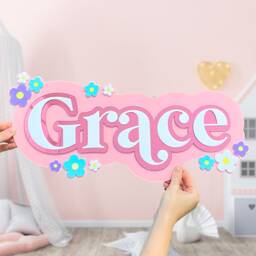 Children's Acrylic Name Sign With Flower Details, Multilayer Bedroom Wall Sign, Nursery Art, Playroom, Girls Decor - thumbnail 1