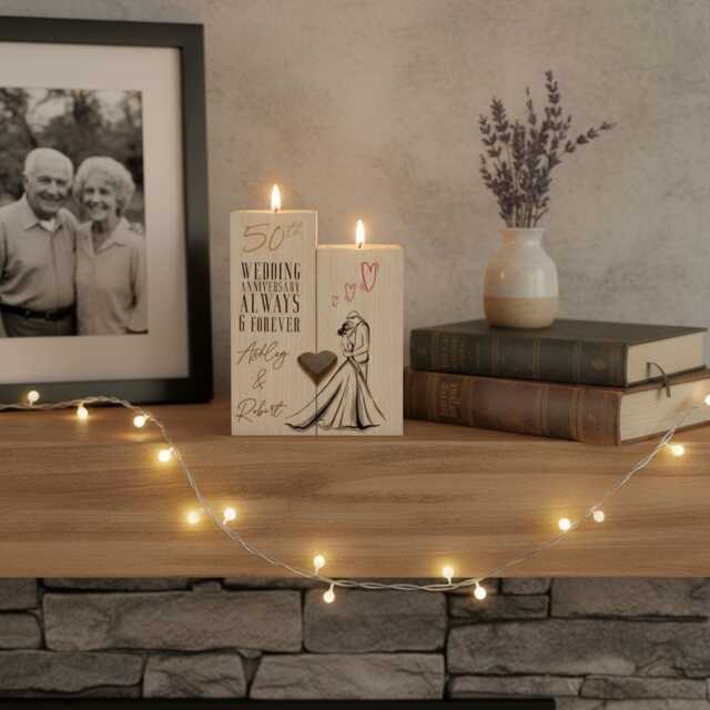 Personalised 50Th Anniversary Double Tea Light Candle Holder With Couple - image 1
