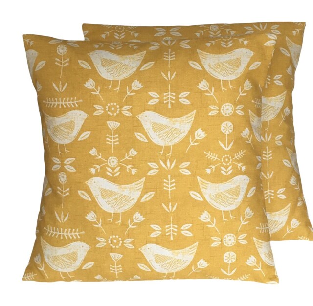 "2 Fryetts Narvik Cushion Covers Ochre Yellow Scandinavian Bird Design - 16""-24" - image 1