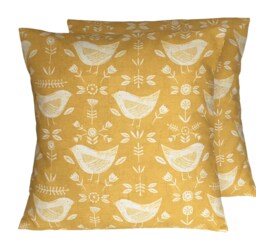 "2 X Fryetts Narvik Cushion Covers Ochre Yellow Scandinavian Bird Design - 16""-24"