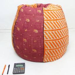 Handmade Floral Kantha Quilt Bean Bag Chair Bohemian Ottoman Pouf - thumbnail 2