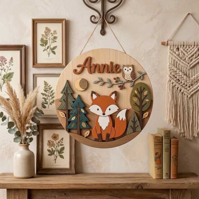 Personalized Fox Nursery Name Sign, Woodland Decor, Custom Baby Forest Animal Wall Art, Room Decor - image 1