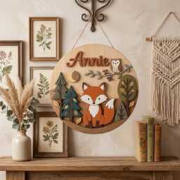 Personalized Fox Nursery Name Sign, Woodland Decor, Custom Baby Forest Animal Wall Art, Room Decor - thumbnail 1