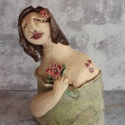 Woman Figure Ceramic Sculpture, One Of A Kind Hand Made Yellow Clay Artwork, Cool Art, Gift For Her - thumbnail 3