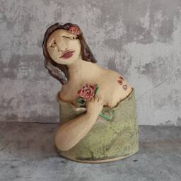 Woman Figure Ceramic Sculpture, One Of A Kind Hand Made Yellow Clay Artwork, Cool Art, Gift For Her - thumbnail 1