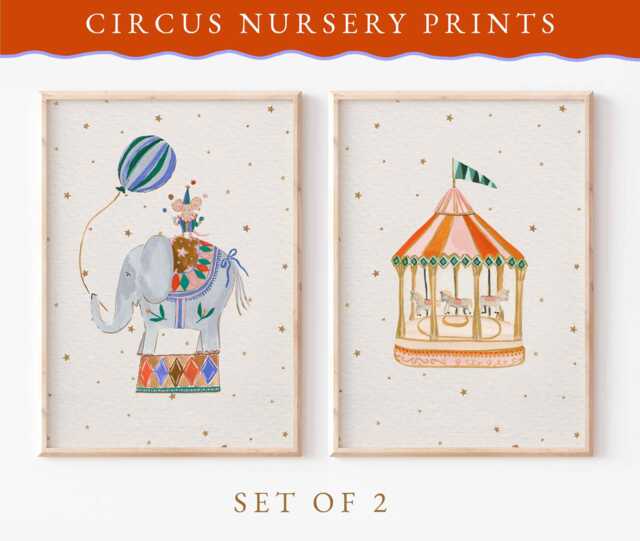 Circus & Carousel Print -Vintage Nursery - Fun Fair Illustrations Painted Illustration Unframed Baby Child Artwork Set Of 2 - image 1