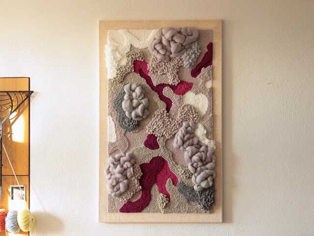 Flowers in The Snow - Modern Textured Pink & Gray Fiber Artwork, Wool Ornament Wall Hanging - image 1