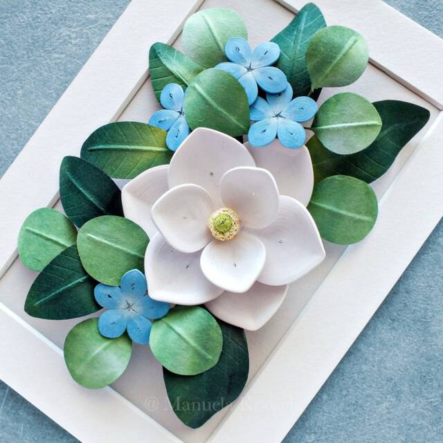 Cancer Birth Flower Gift Magnolia, Blue Plumbago Wall Art - Flowers For June, July Birthday Gift 3D Paper Quilling - image 1