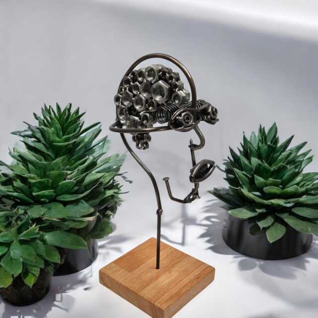 Industrial Metal Head Sculpture Handcrafted Nuts, Bolts, & Irish Oak Art - image 1