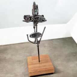 Industrial Metal Head Sculpture Handcrafted Nuts, Bolts, & Irish Oak Art - thumbnail 4