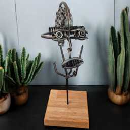 Industrial Metal Head Sculpture Handcrafted Nuts, Bolts, & Irish Oak Art - thumbnail 3