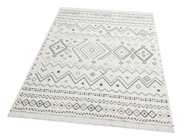 Beige & Blue Kilim Rug Recycled Cotton, Non-Slip Boho Carpet - image 1
