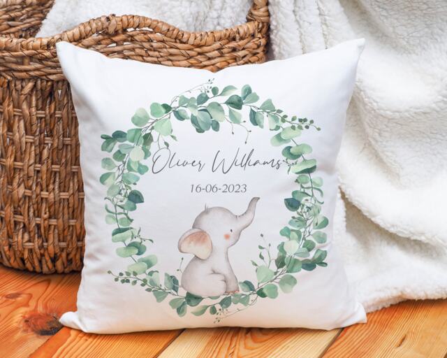 Personalised Baby Elephant Linen Cushion Cover Nursery Decor Gift - image 1