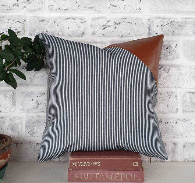Cognac Faux Leather & Striped Denim Pillow Cover - image 1