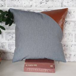 Cognac Faux Leather & Striped Denim Pillow Cover - thumbnail 3